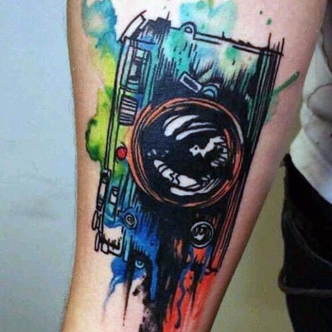 Color Sprayed Camera Tattoo Male Arms