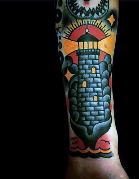 Color Tattoo Of Lighthouse For Males