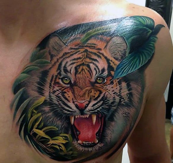 Color Tiger Stripes Tattoo For Men On Chest