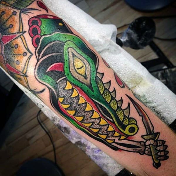 Colored Alligator Art Tattoo Men Arms