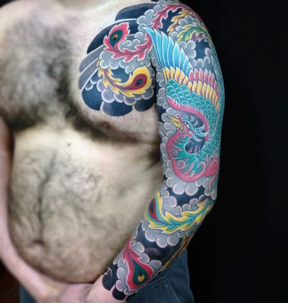 Colored Feathers Japanese Sleeve Tattoo Men