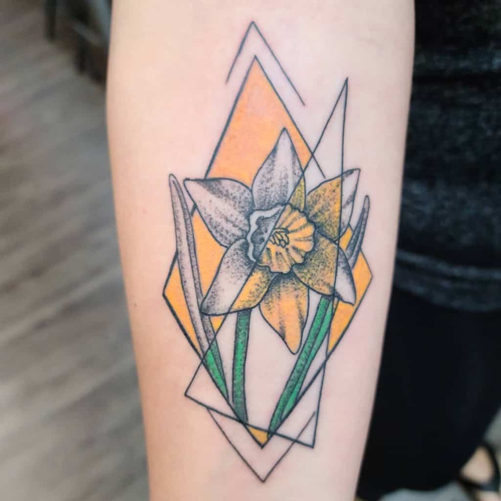 colored geometric flower tattoo andremuentestattoos