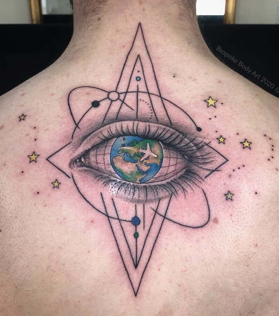 Colored Globe Inside Eye Black Gray Linework Solar System Back Geometric Tattoo