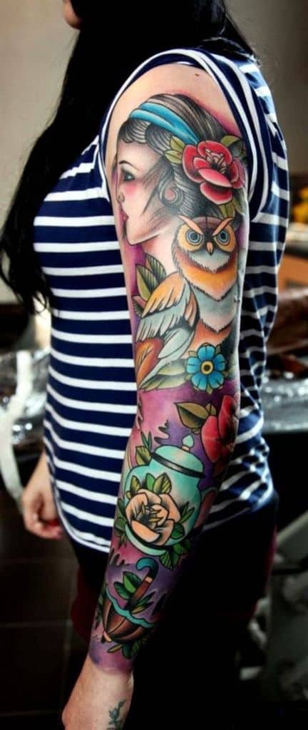 Colored Owl Gypsy Tattoo