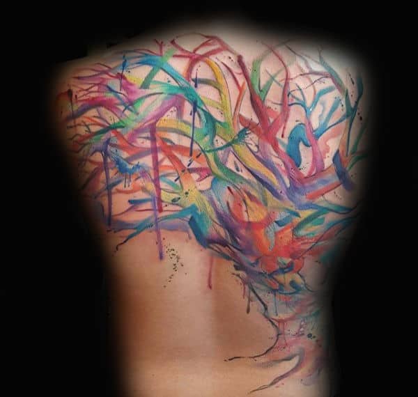 Colored Ribbons Watercolor Tree Tattoo Mens Back
