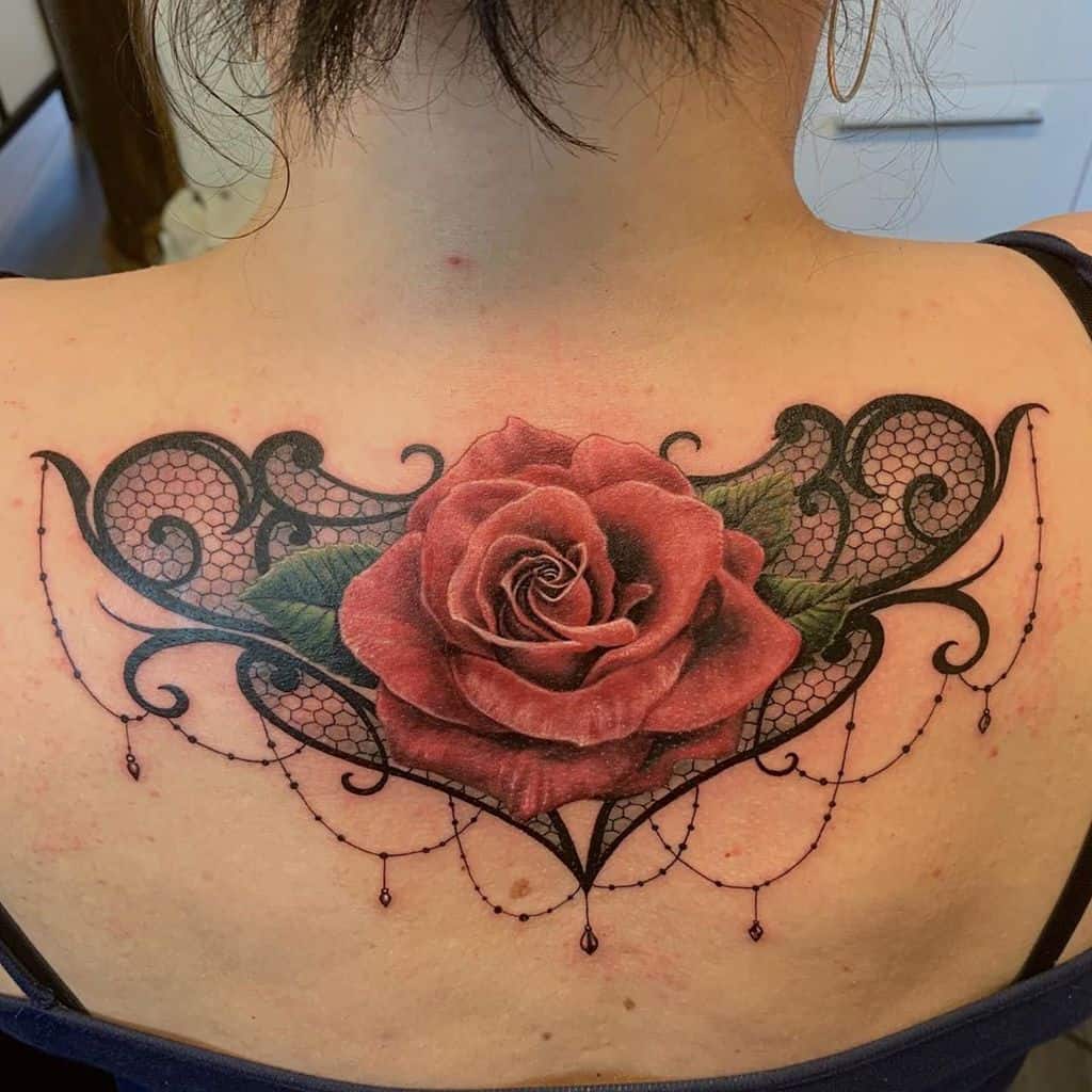 Colored Rose Lace Back Tattoo