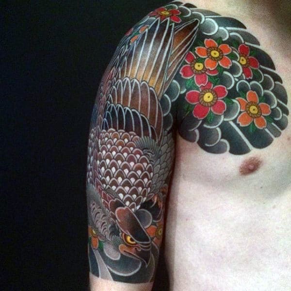 Colorful Abstract Hawk Upper Arm And Shoulder Design On Gentleman