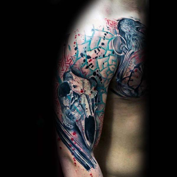 Colorful Abstract Mens Creative Bull Skull Half Sleeve Tattoos