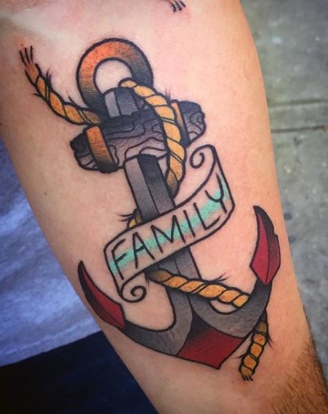 Colorful Anchor And Family Ribbon Tattoo Mens Forearms