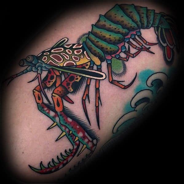 Colorful Arm Mens Tattoo With Shrimp Design