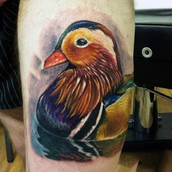 Colorful Artistic Duck On Pond Tattoo On Guy