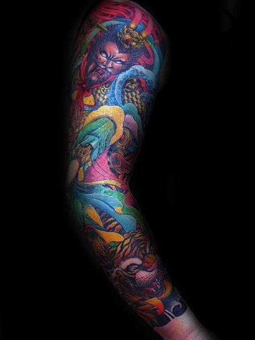 Colorful Artistic Monkey King Full Sleeve Tattoo Designs For Guys