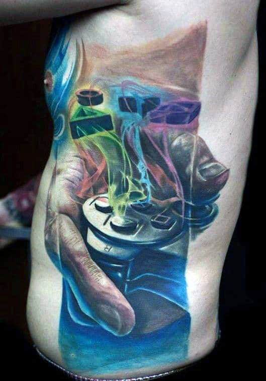 Colorful Awesome Male Playstation Controller 3d Rib Cage Side Tattoo