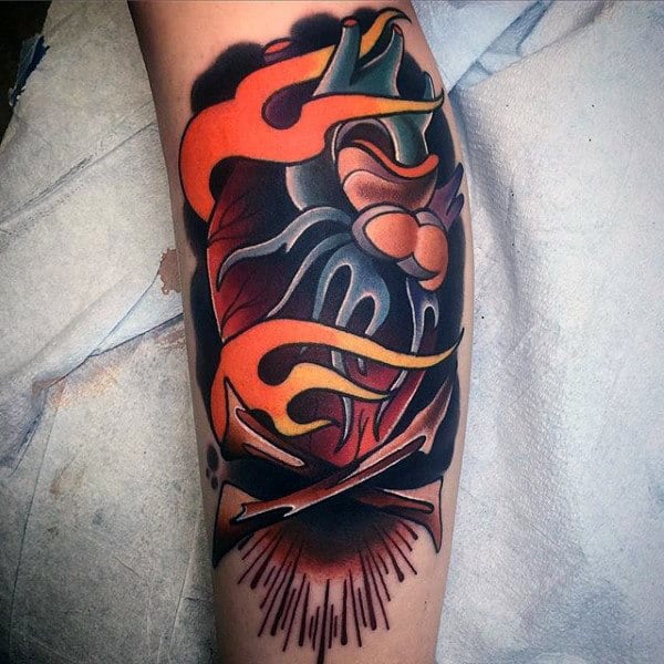 Colorful Awesome Mens Forearm Tattoo Designs With Flames
