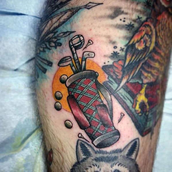 Colorful Bag With Golf Clubs Tattoo Male Arms