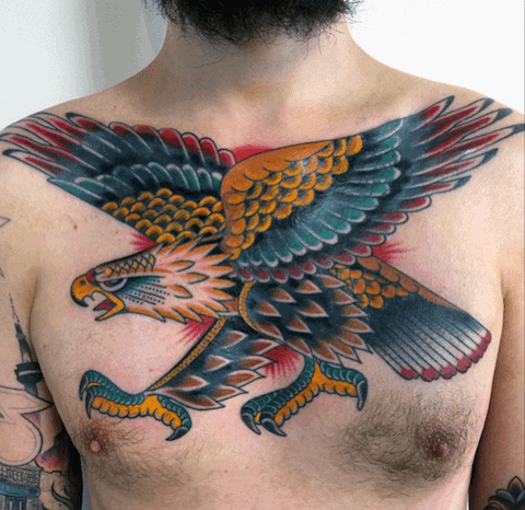 Colorful Bald Eagle Mens Traditional Tattoo On Chest