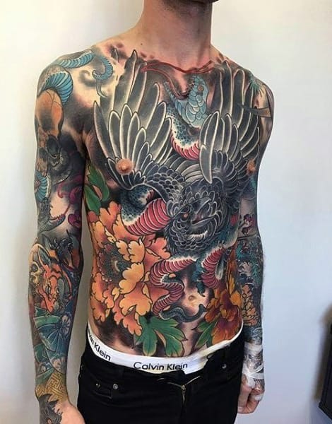 Colorful Black Crow With Snake And Flowers Mens Chest Tattoos