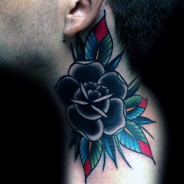 Colorful Black Rose Flower Male Traditional Neck Tattoos