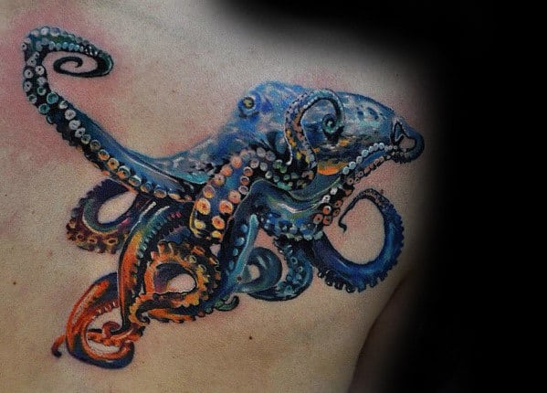 Colorful Blue And Orange Octopus Guys Upper Back Shoulder Tattoo
