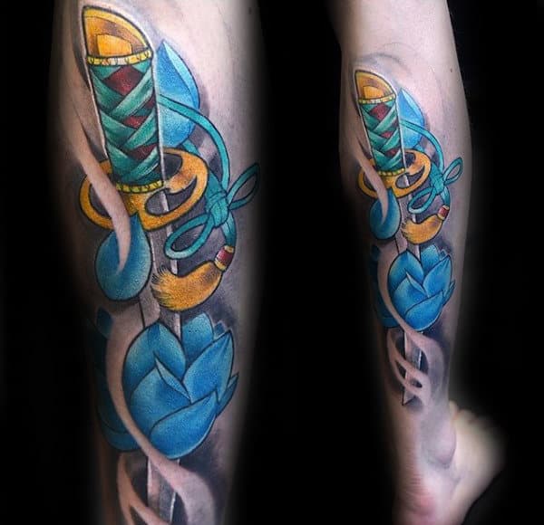 Colorful Blue Flower Mens Katana Leg Tattoo Ideas
