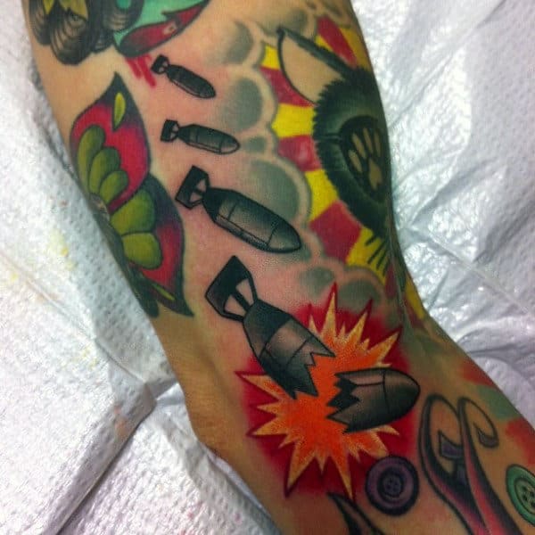 Colorful Bombs And Detonation Tattoo Male Forearm