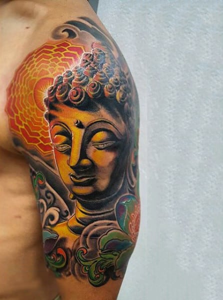 Colorful Buddha Tattoo For Men Half Sleeve Design