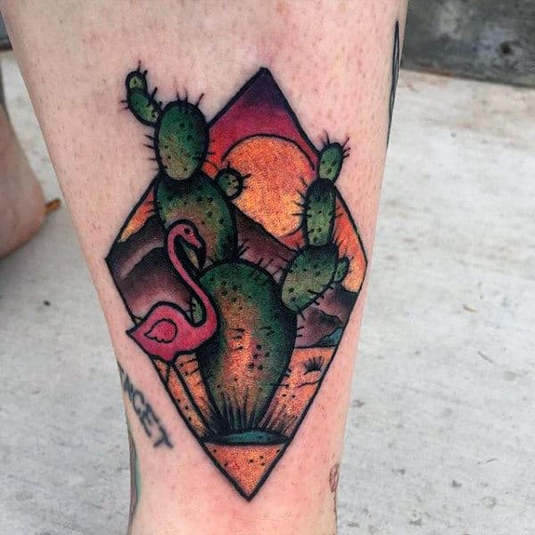 Colorful Cactus With Desert Sun And Flamingo Design Tattoo For Men