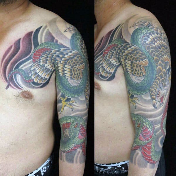 Colorful Chinese Style Hawk And Snake Fight Masculine Tattoo On Male Shoulder