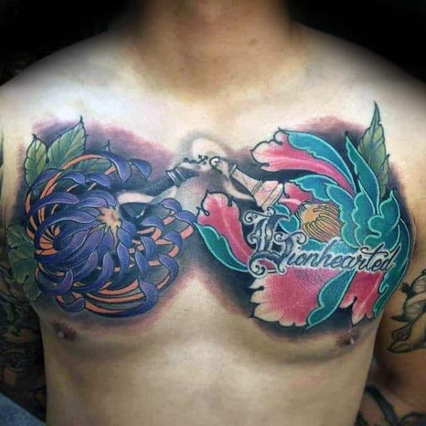 Colorful Chrysanthemum Flower Mens Chest Tattoo Ideas