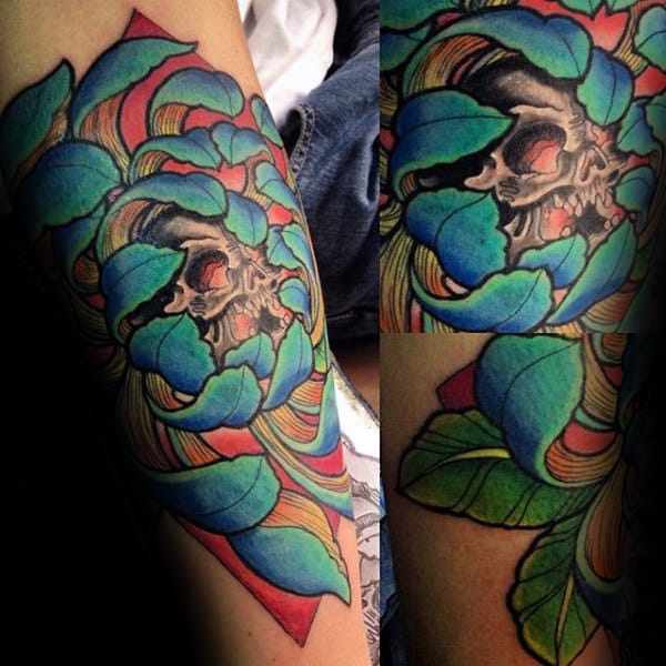 Colorful Chrysanthemum Flower Mens Skull Forearm Tattoo Designs
