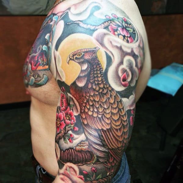 Colorful Classic Hawk On Flower Backdrop Half Sleeve Tattoo For Guys