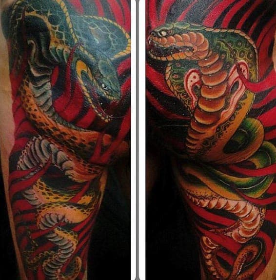 Colorful Cobra Mens Sleeve Tattoo Designs