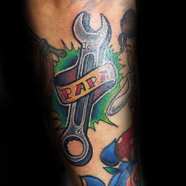 Colorful Dad And Metallic Tool Tattoo
