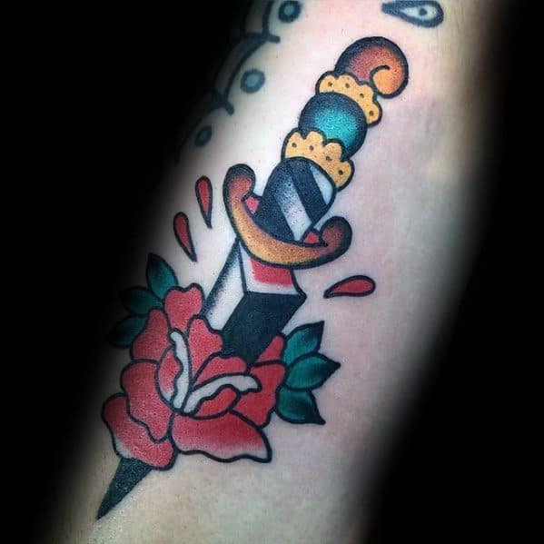 Colorful Dagger Through Flower Simple Traditional Arm Tattoo For Men