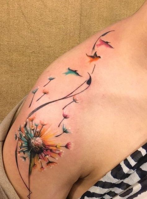 colorful dandelion bird tattoo