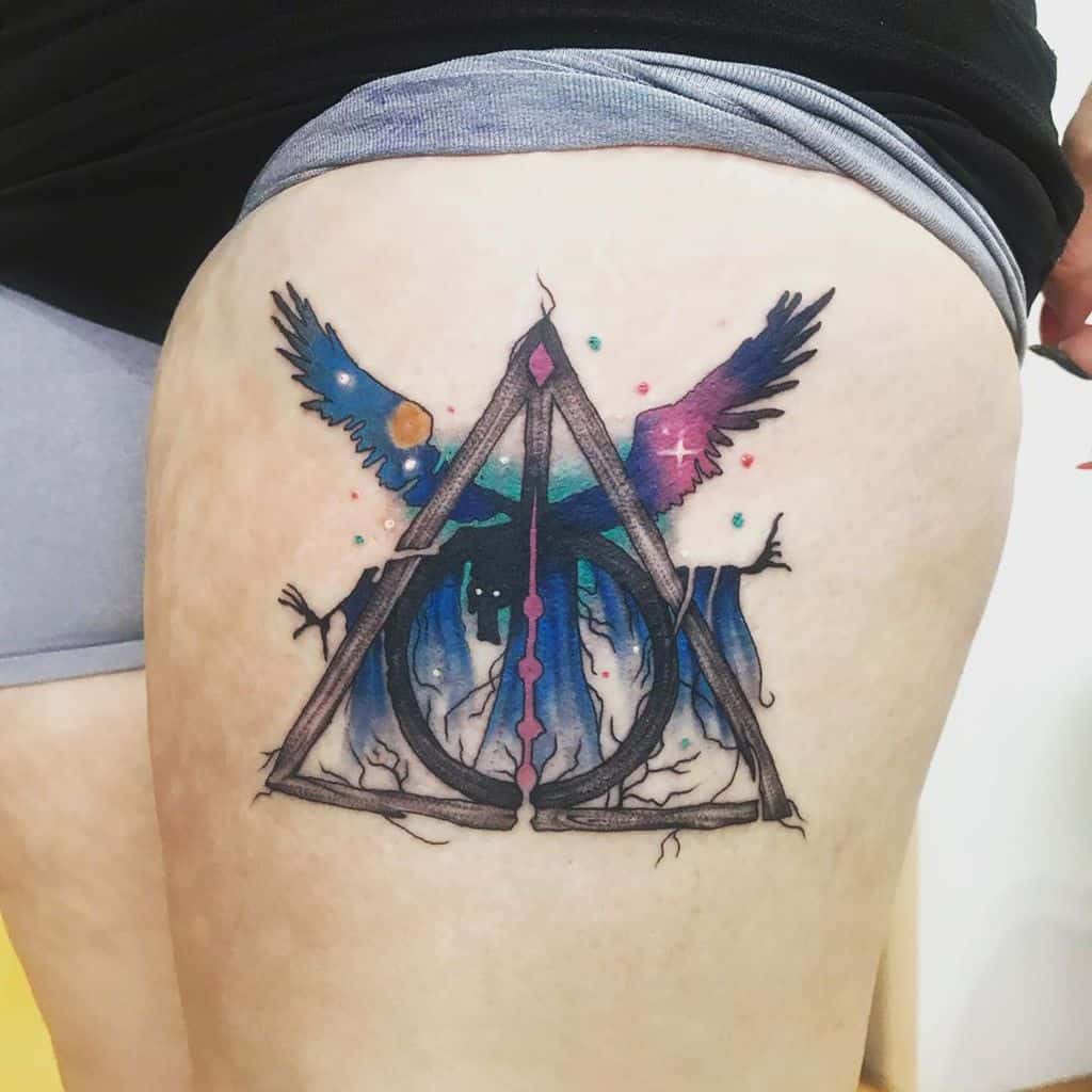 colorful deathly hallows tattoo