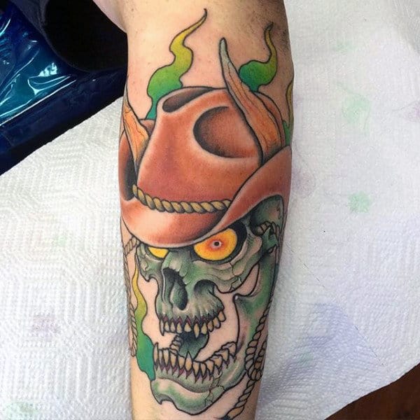 Colorful Demon Skull Tattoo With Cowboy Hat For Guys