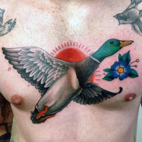Colorful Duck Chest Piece Tattoo Over Rising Sun For Guys