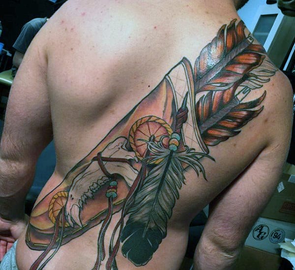 Colorful Feather Tattoo For Men On Back