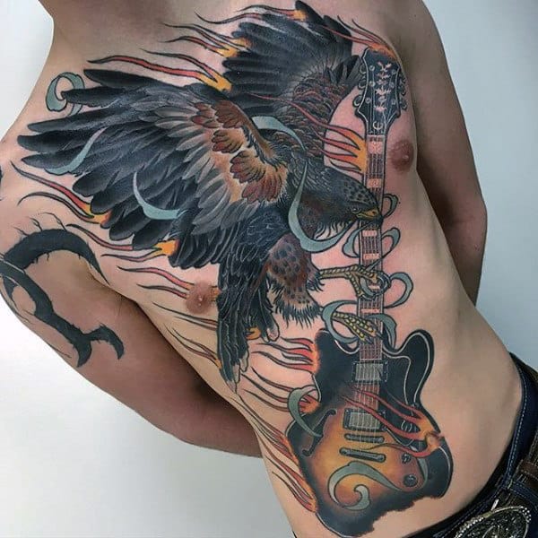 Colorful Flaming Hawk On Gibson Guitar Full Chest Tattoo For Guys