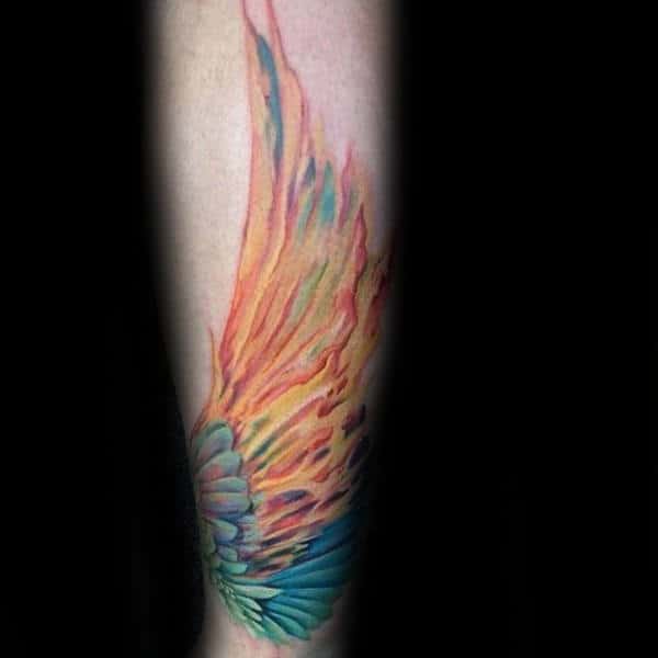 Colorful Flaming Hermes Mens Wateroclor Wing Leg Tattoos