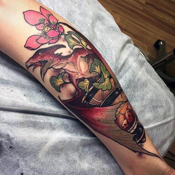 Colorful Florals And Dinosaur Tattoo Male Forearms