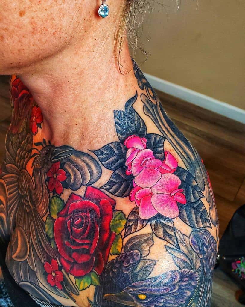colorful flower shoulder tattoo mctattedjess