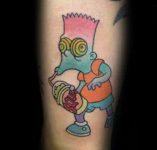 Colorful Forearm Bart Simpson Tattoo Design On Man