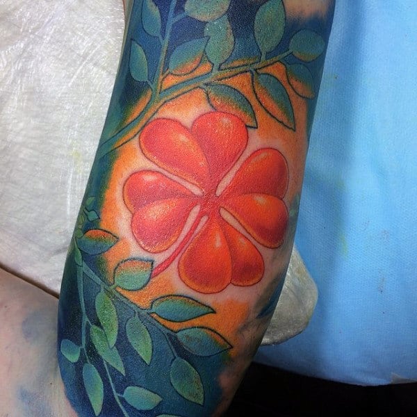 Colorful Four Leaf Clover Red Ink Mens Tattoo Designs
