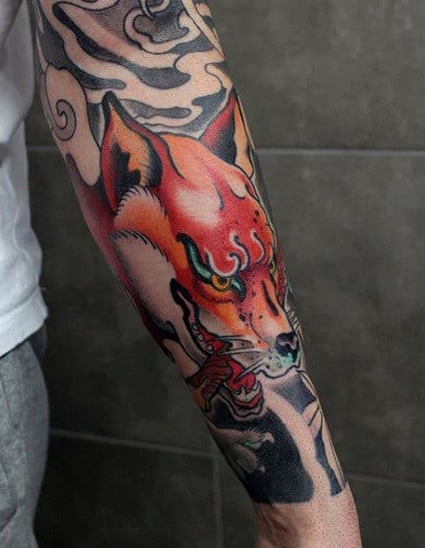 Colorful Fox Mens Forearm Sleeve Tattoos