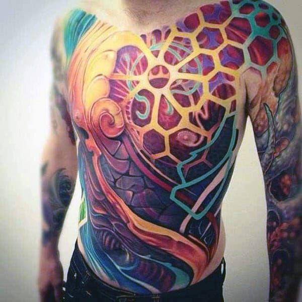 Colorful Full Body Chest Mens Geometric Optical Illusion Tattoo Inspiration