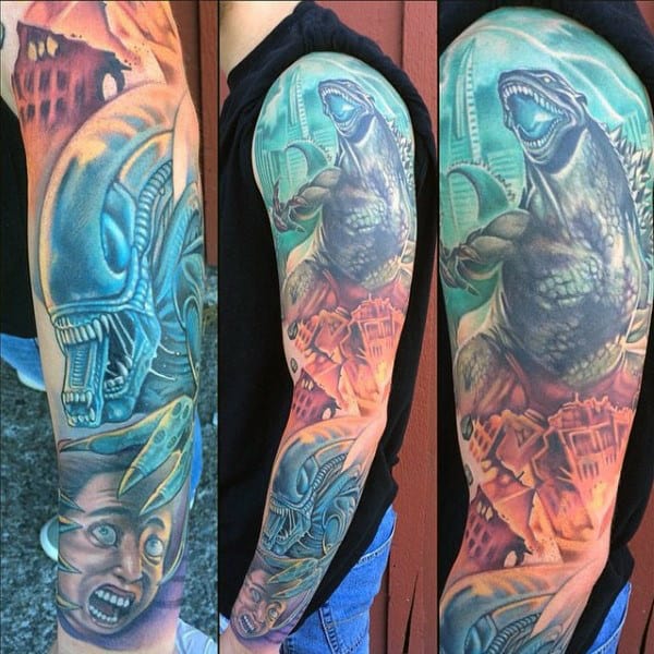 Colorful Graphic Violent Alien Destroying City Eating Man Tattoo