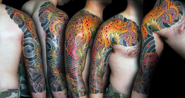 Colorful Guys Japanese Octopus Half Sleeve And Chest Tattoos