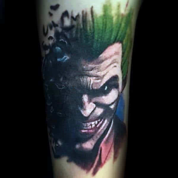 Colorful Guys Joker Portrait Tattoo With Watercolor Design